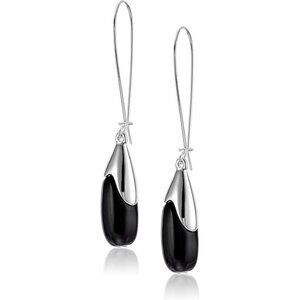 Elegant Women's Long Drop Earrings with Black Bead & Silver-tone Dangle Design